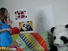 This funny porn movie starts with a frisky legal age teenager drawing her large panda bear. This Babe tried real hard to make a good picture, but still the panda didn't like it. Why? Well, the beauty forgot to draw smth the panda's very proud of - his pink super dildo! The angry bear's gonna educate the forgetful hotty a lesson, making her engulf that large strap on. The pretty chick and the horny panda end up fucking like eager, and I wager this sassy sweetheart will not ever ever forget to draw the panda's strap on penis anew. Great ...